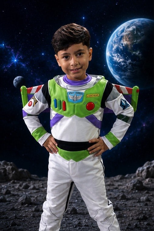 Lucas Henrique em pé em um cenário espacial com planetas